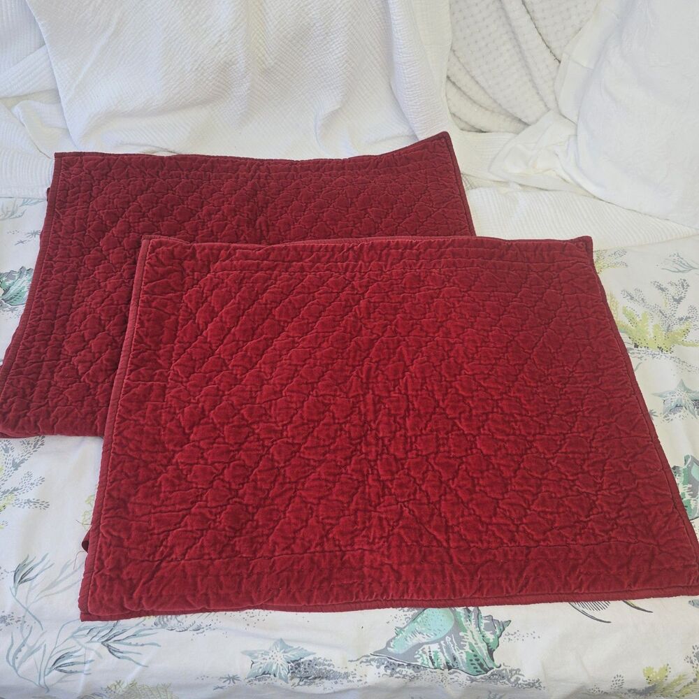 2 pc Pottery Barn Silk & Cotton Velvet Quilted Pillow Sham Standard Red Cottage